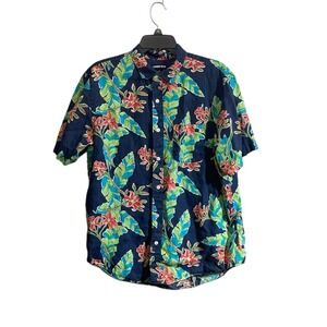 Lands End Hawaiian Shirt Mens Size Medium Linen Floral Colorful Resort